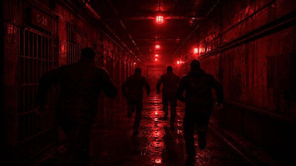 Quatre personnages courent dans un couloir de prison
